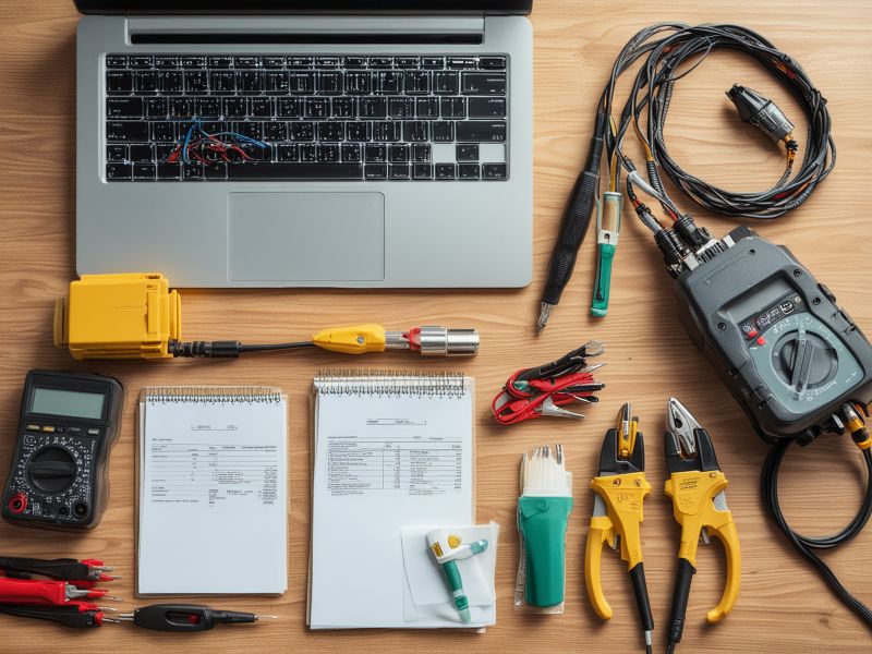 Advanced electrical engineering design workstation with multiple monitors and technical drawings