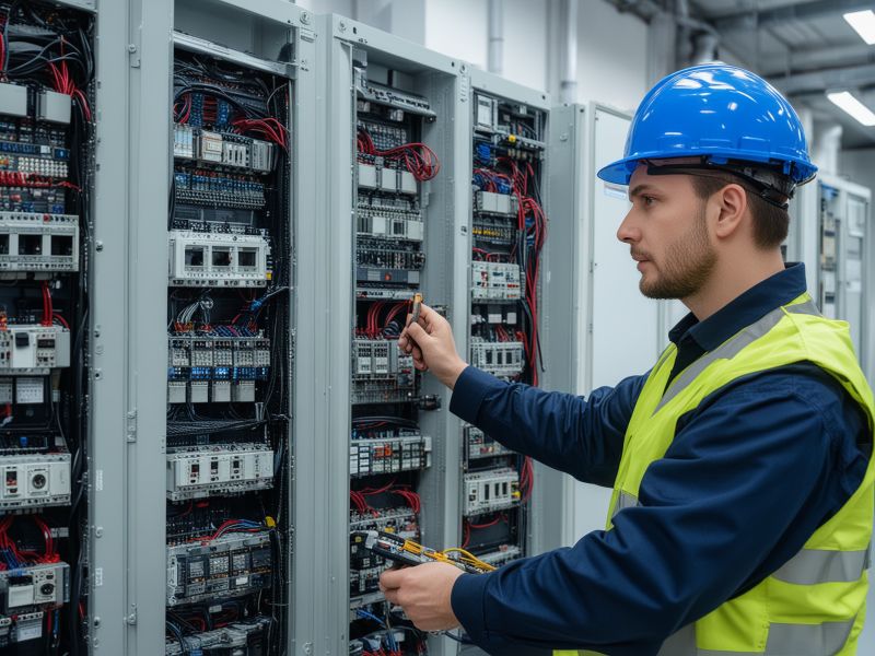Professional electrical engineer working with control panels and monitoring systems